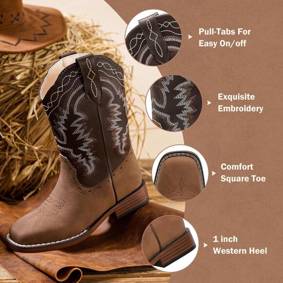 ⚡Kid Brown/Tan Synthetic Cowboy Western Riding Shoes Square Toe Wide Calf Boot - Picture 4 of 8